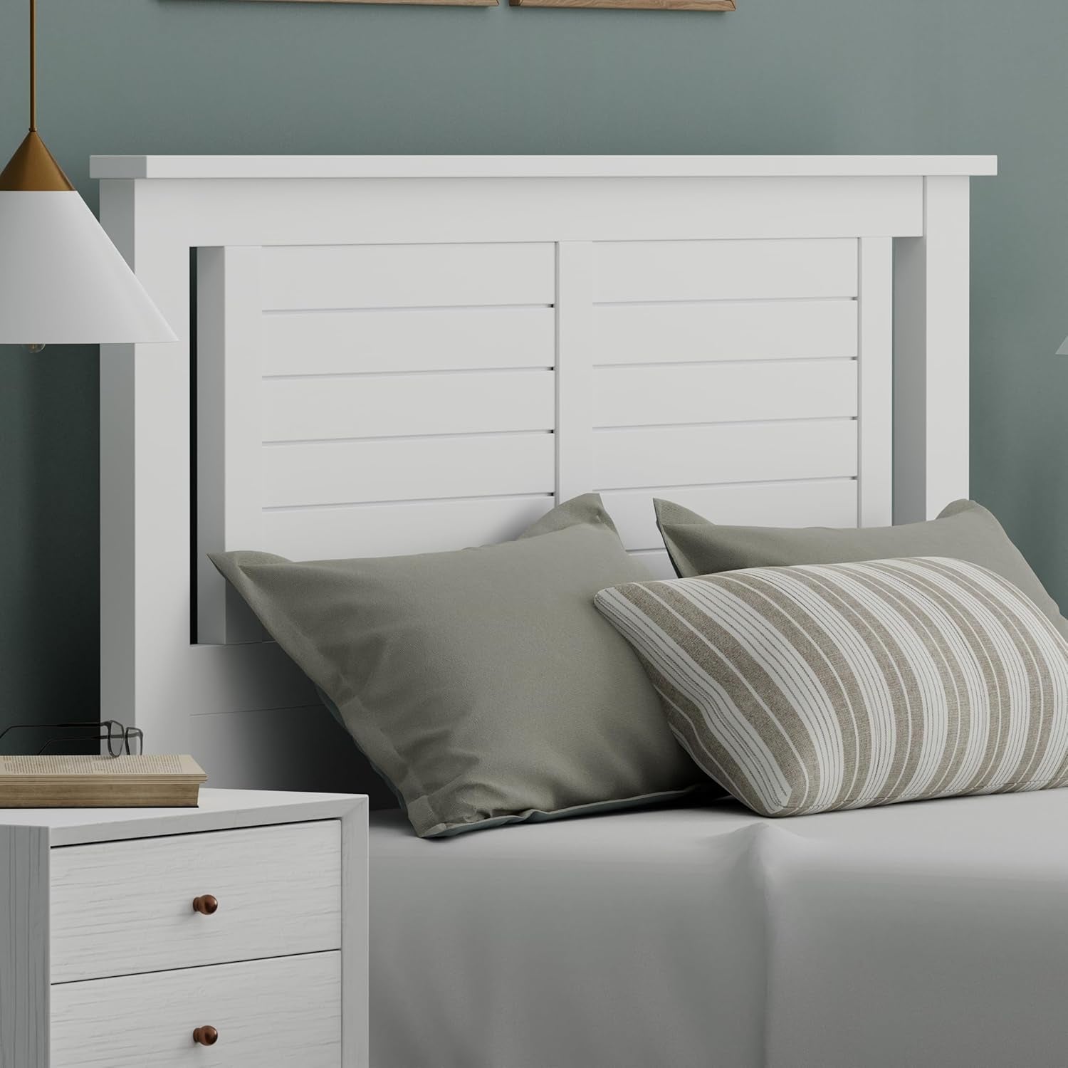 Serene Poplar Wood Full Size Headboard in White, Modern Farmhouse Panel with Horizontal Scoring, Casual Coastal Style, Easy Assembly, Quality Materials