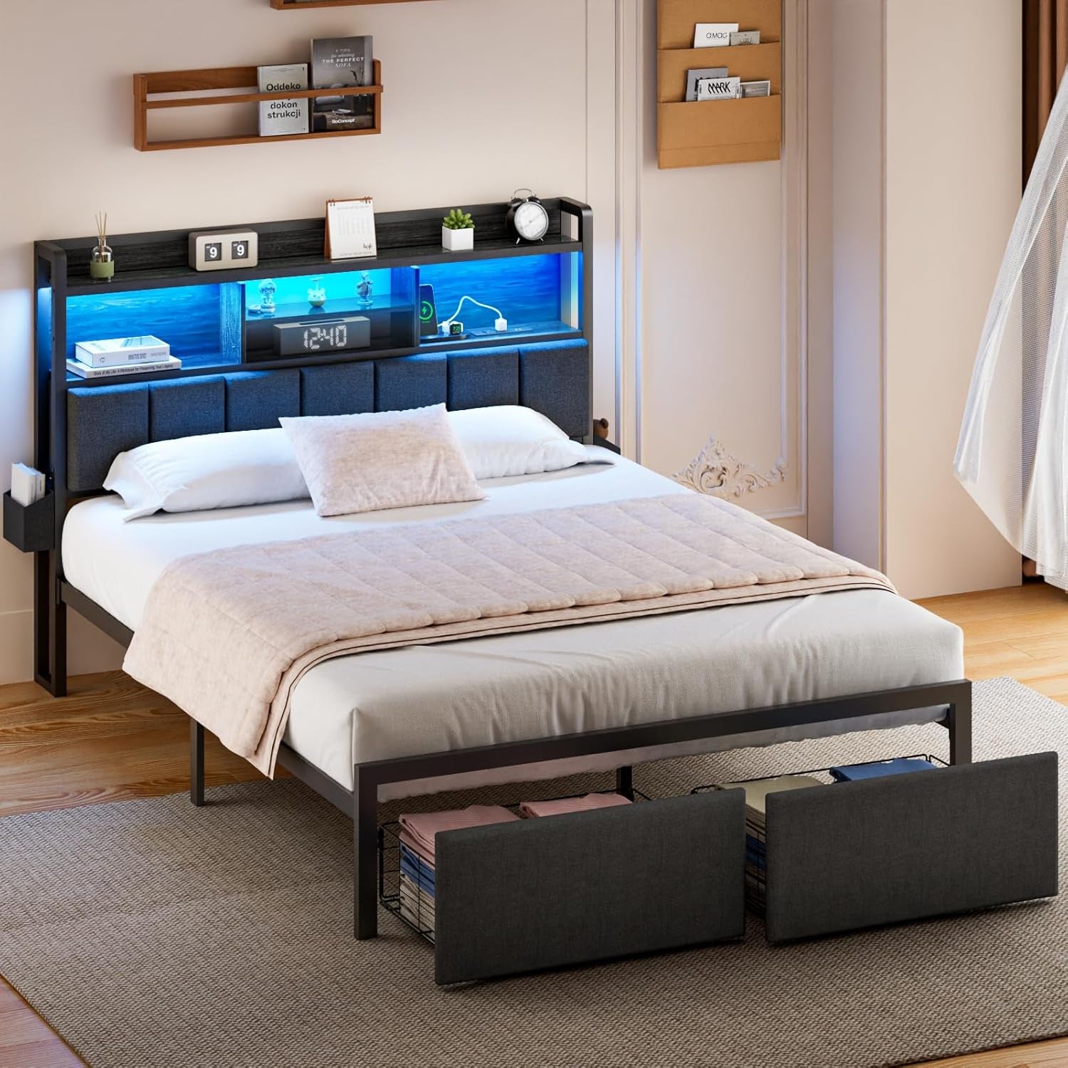 Queen Bed Frame with Storage Drawers, Upholstered Headboard with Storage Shelf, LED Lights and Charging Station, Metal Platform Bed Frame Queen Size, Noise Free, No Box Spring Needed, Black
