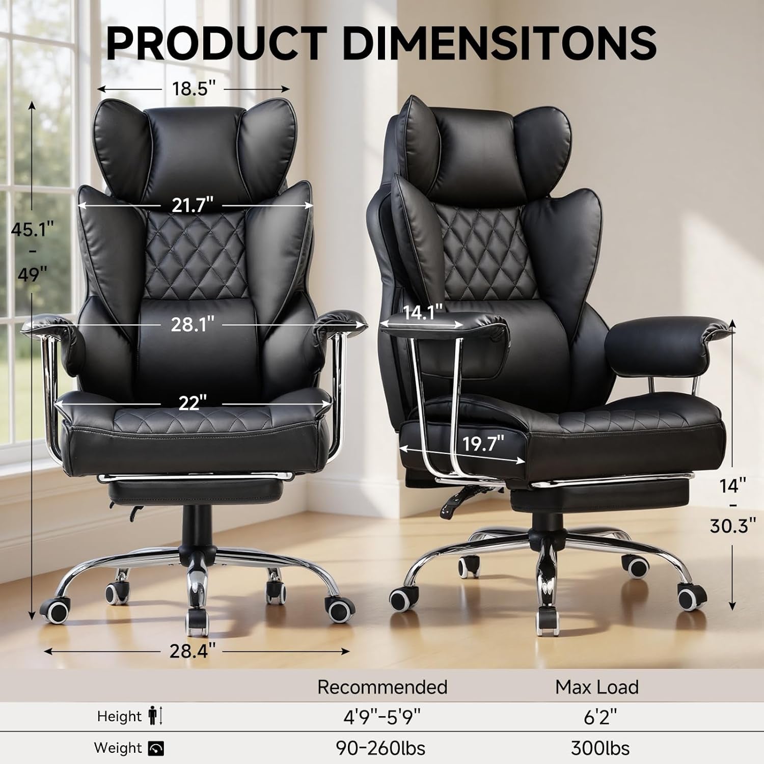 Big and Tall Office Chair, High Back Leather Gaming Chair with Footrest, Executive Ergonomic Office Chair with Pocket Spring Lumbar Support and with Outward Fixed Soft Armrests