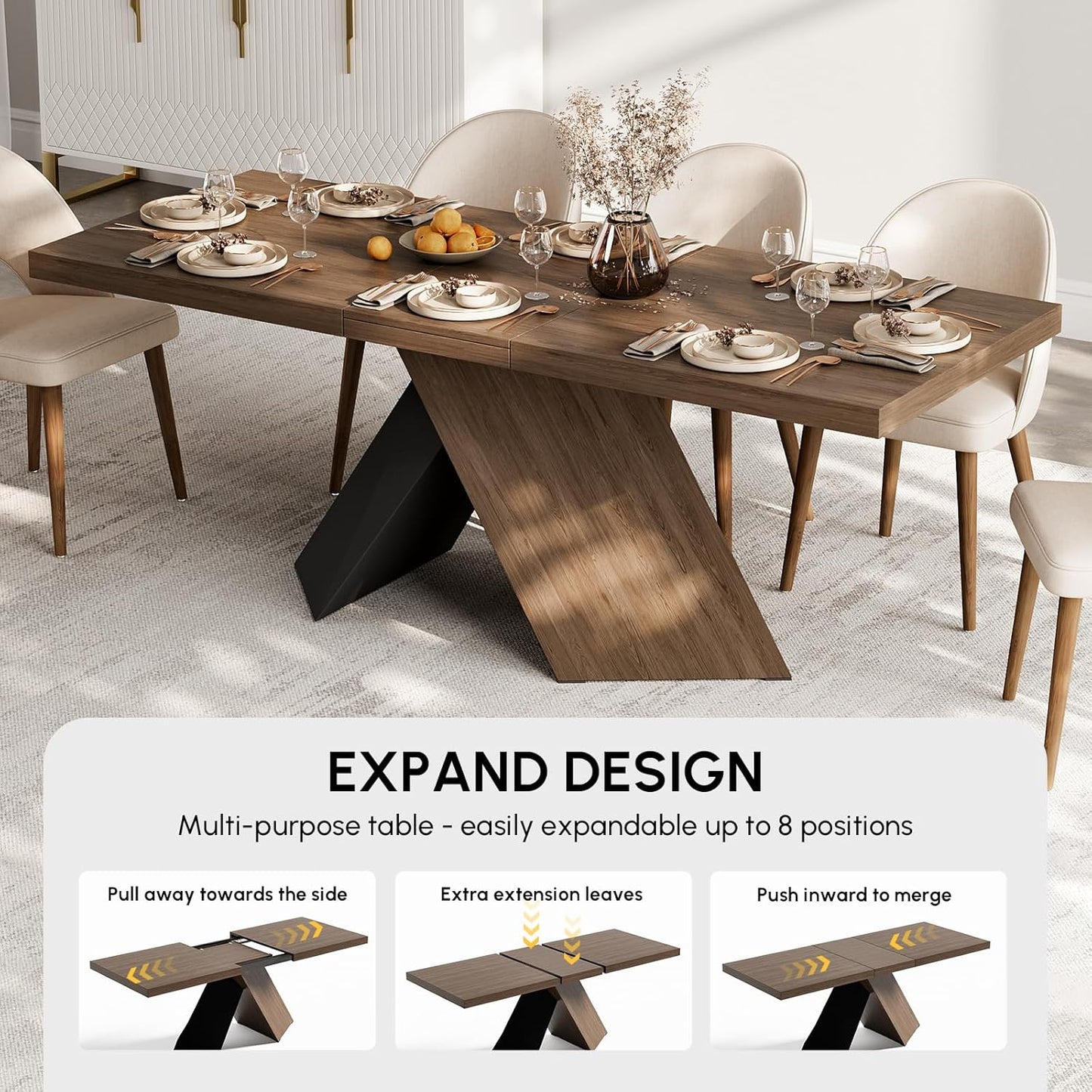 Extendable Dining Table with Walnut Finish, Modern Rectangle Kitchen Table W/Pedestal Base, Seats 6-8 (Walnut, 63"-79" (Seats 6-8))