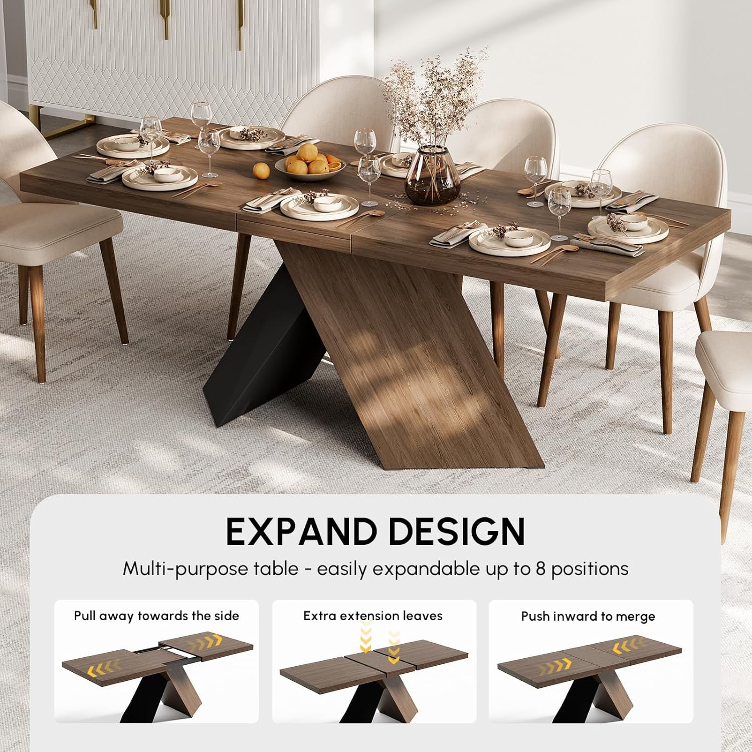 Extendable Dining Table with Walnut Finish, Modern Rectangle Kitchen Table W/Pedestal Base, Seats 6-8 (Walnut, 63"-79" (Seats 6-8))