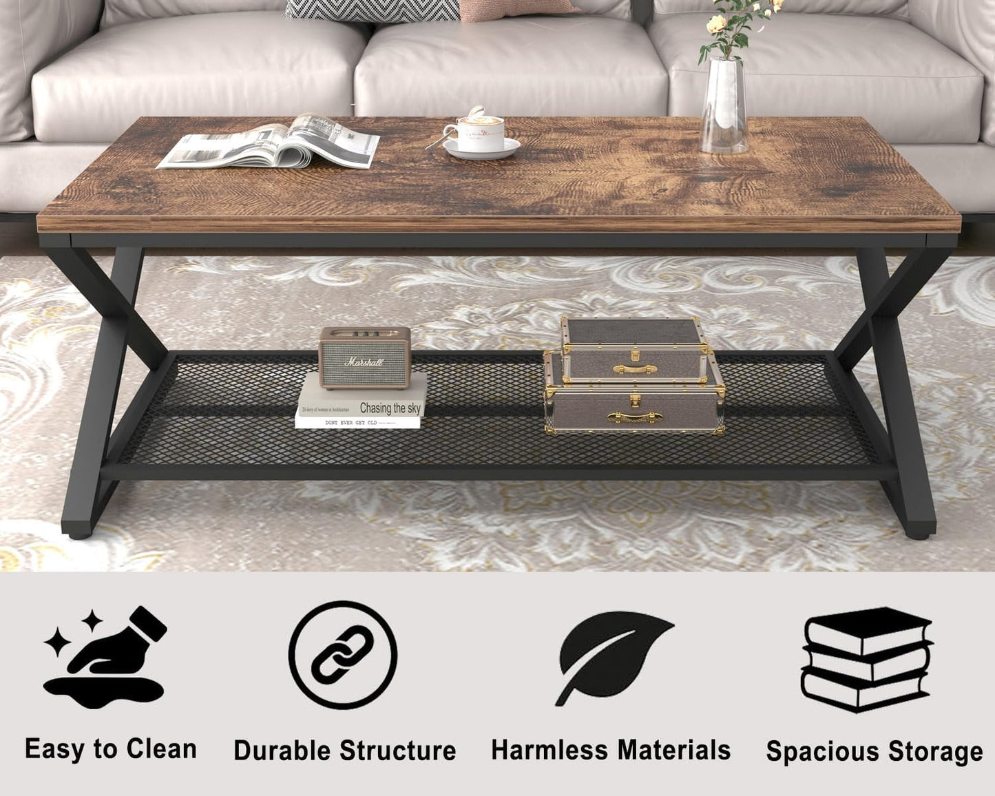 Rustic Coffee Table with Storage, Industrial Wood Metal 2 Tier Center Living Room Table with Mesh Shelf, Farmhouse Wooden Low Rectangle Cocktail Tea Table for Office Bedroom, 47 Inch, Rustic Brown