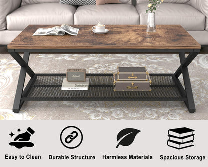 Rustic Coffee Table with Storage, Industrial Wood Metal 2 Tier Center Living Room Table with Mesh Shelf, Farmhouse Wooden Low Rectangle Cocktail Tea Table for Office Bedroom, 47 Inch, Rustic Brown
