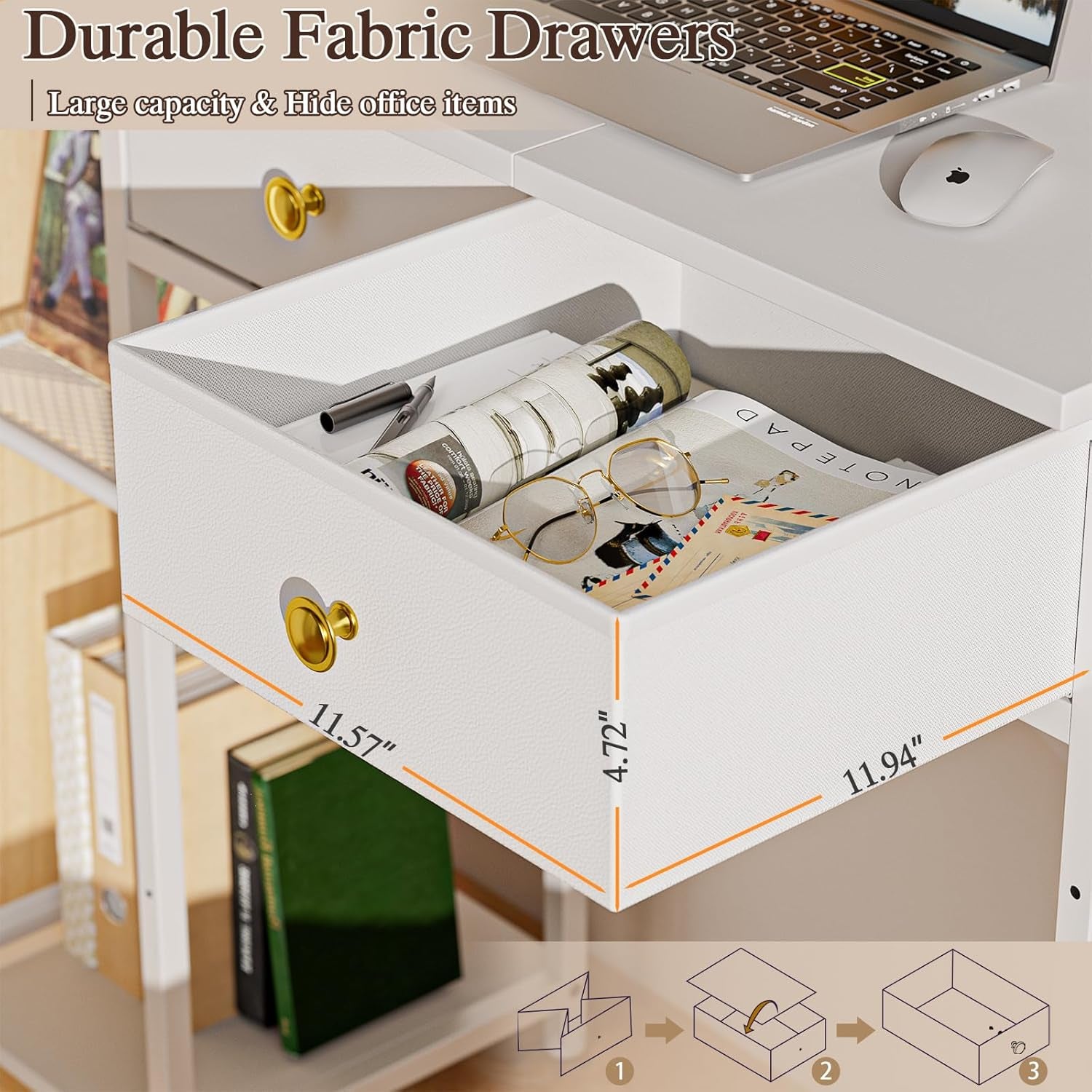 White Computer Desk, 36 Inch Small Desk with Drawers, Home Office Desk with Storage Shelves for Bedroom, Living Room, Dorm, Vanity Desk for Small Spaces, White