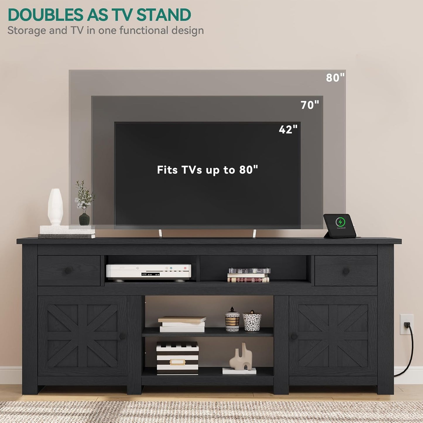 TV Stand for 75/80 Inch TV, Entertainment Center, TV Cabinet with Drawers and Power Outlet, Black TV Console for Living Room Furniture (70 Inch Lenght 30 Inch High)