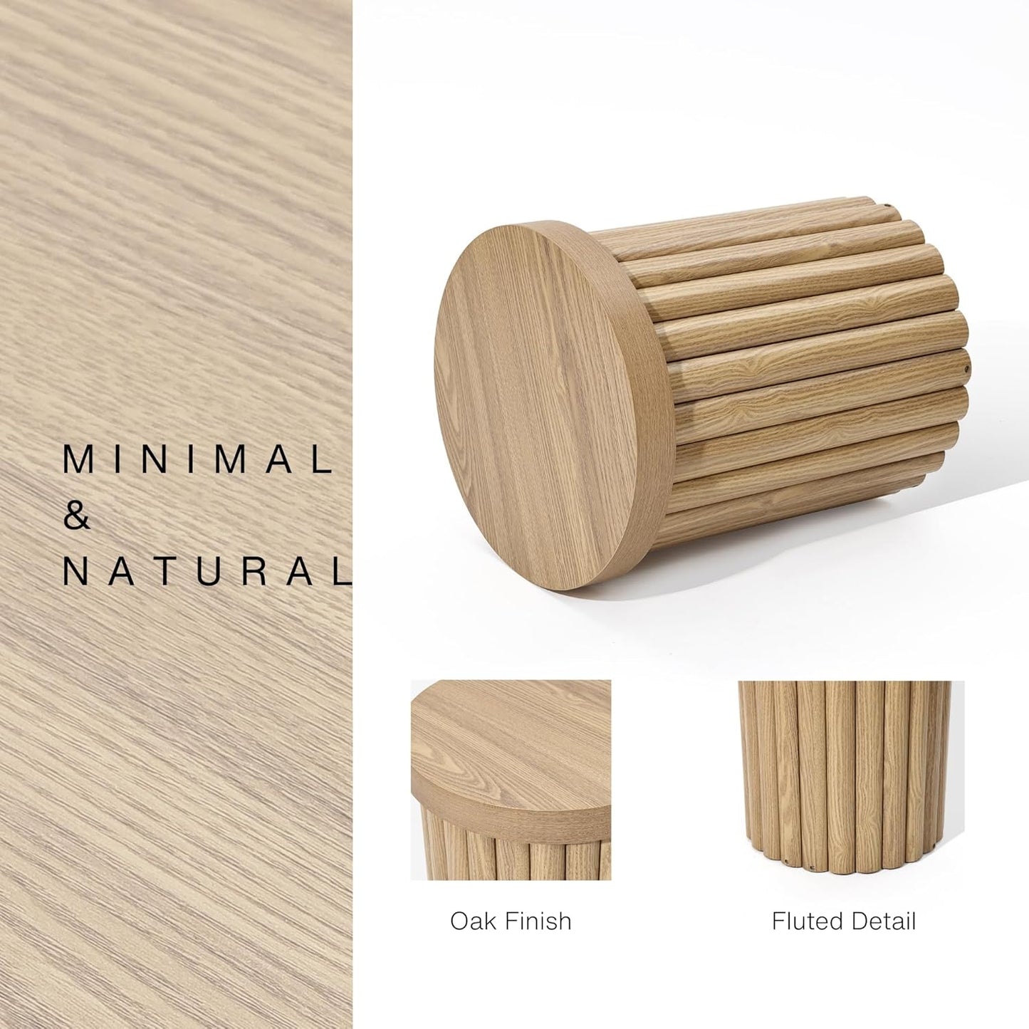 Luxenhome round Side Table, 19" H Fluted Side Table for Small Spaces, Mid Century Modern Small End Table, Wooden Accent Tables, Couch Side Tables, round Nightstand for Living Room, Bedroom