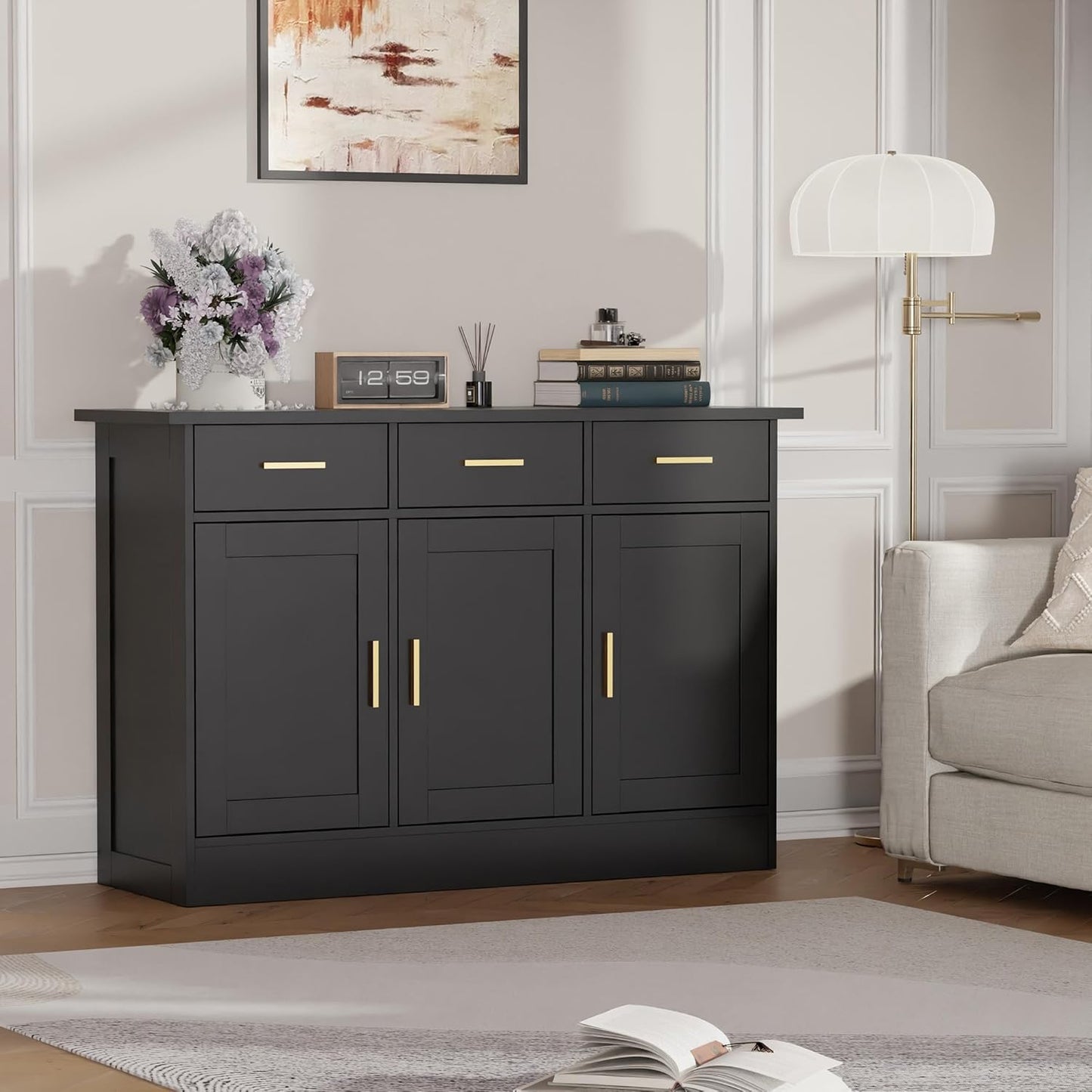 Buffet Cabinet with Storage - Buffets & Sideboards Kitchen Storage Cabinet, Wood Console Table Coffee Bar Accent Cabinets for Living Room Dining Room Entryway Large 3 Doors & Drawers, Black