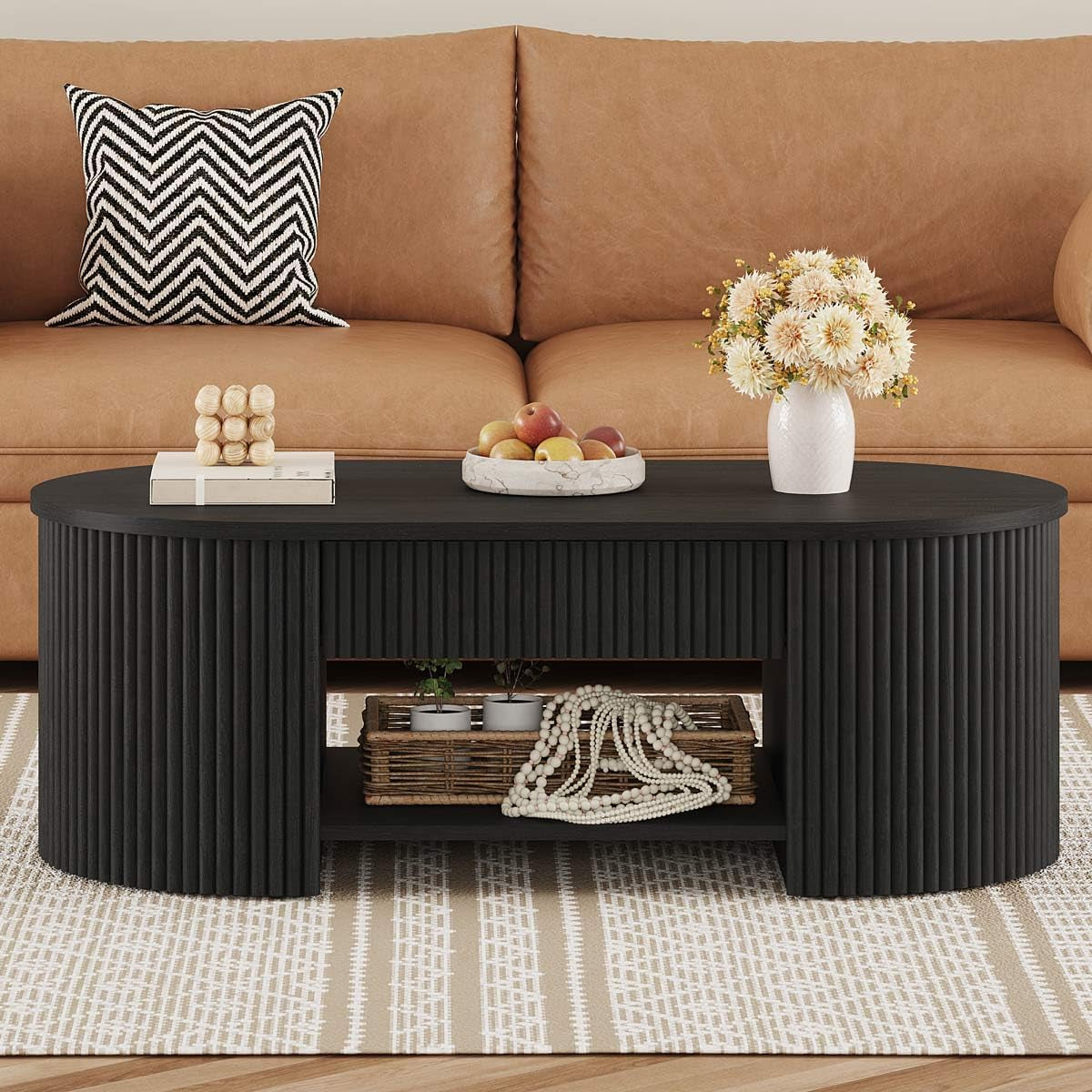Coffee Table for Living Room Storage, Modern Wood Fluted Center Table with Drawer, Mid-Century Oval Living Room Tables with Shelf (Black, 43.31 Inch)