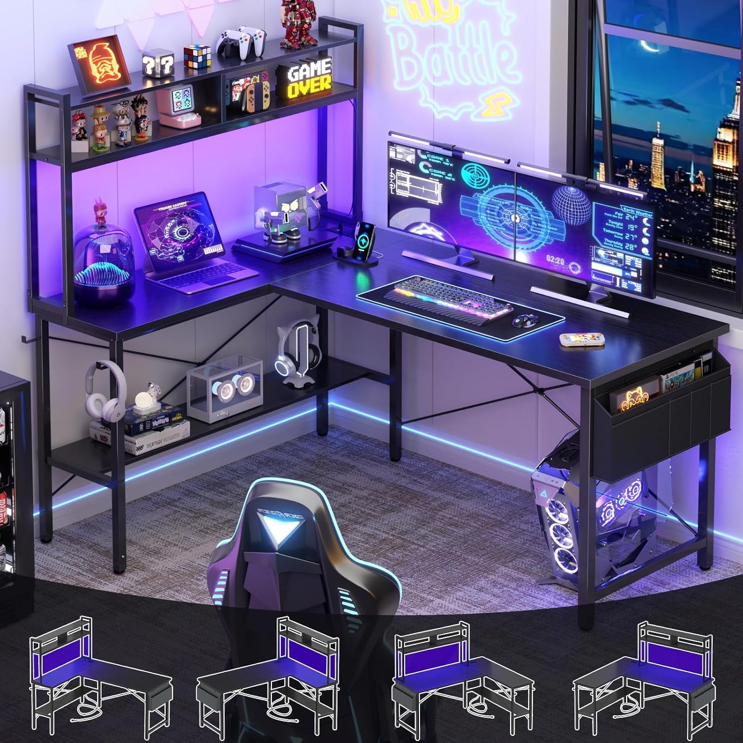 L Shaped Desk Gaming Desk, 59" L Shaped Computer Desk with LED Light & Power Outlet, Reversible Home Office Desk Gamer Desks with Shelves & Storage Bag & Hooks, Corner PC Desk, Black