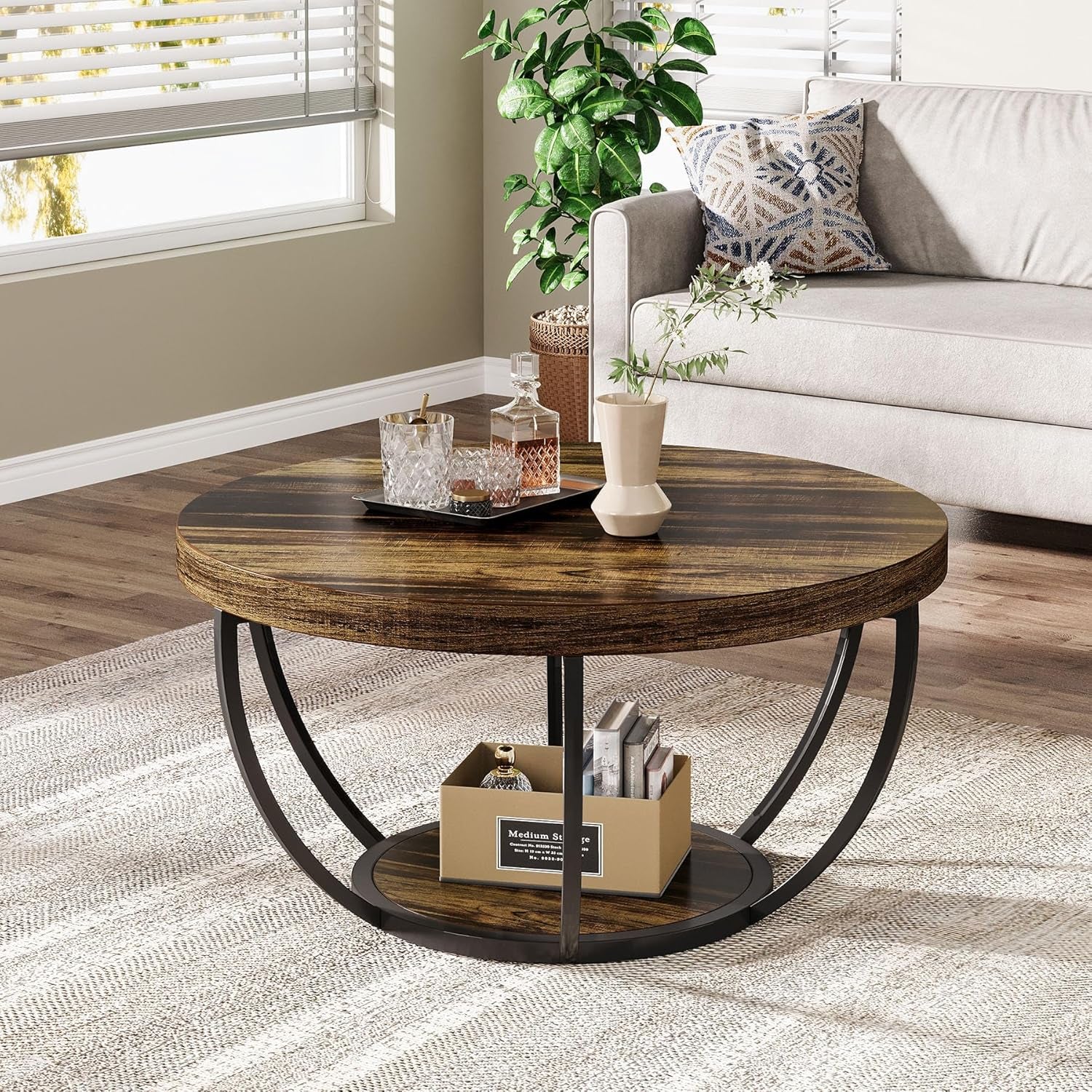 round Coffee Table, 31.7" Wooden 2-Tier Circle Coffee Table with Storage Shelves, Modern Accent Cocktail Table Center Table for Living Room, Rustic Brown