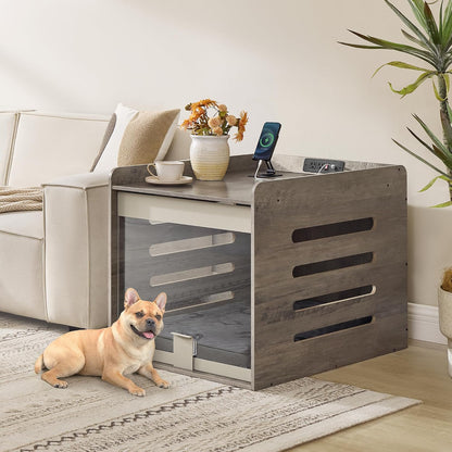 Modern Dog Crate Furniture with Charging Station, Kennel Indoor with Flip-Up Hidden Acrylic Door, for Small and Medium Dogs up to 45 Lb, Side End Table, Heather Greige UPOC021G01