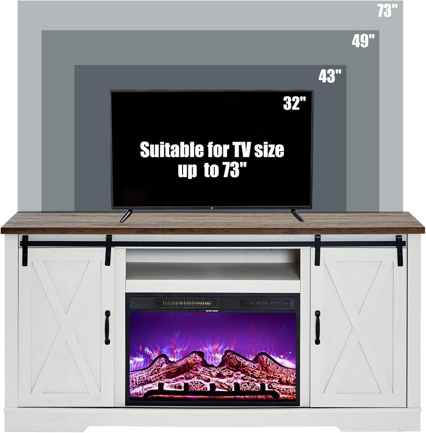 Fireplace TV Stand with Sliding Barn Door for Tvs up to 73", Farmhouse 63" Fireplace Entertainment Center with Storage Cabinets/Adjustable Shelves, Distressed White & Barnwood