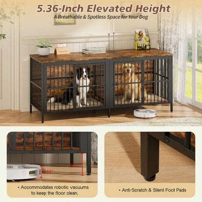 80" Dog Crate End Table, Heavy Duty 2-Door Indoor Pet Kennel, Multipurpose Dog House Furniture as TV Stand or Side Table for Living Room, Large & Medium Dogs.(Rustic Brown) (Rustic Brown)