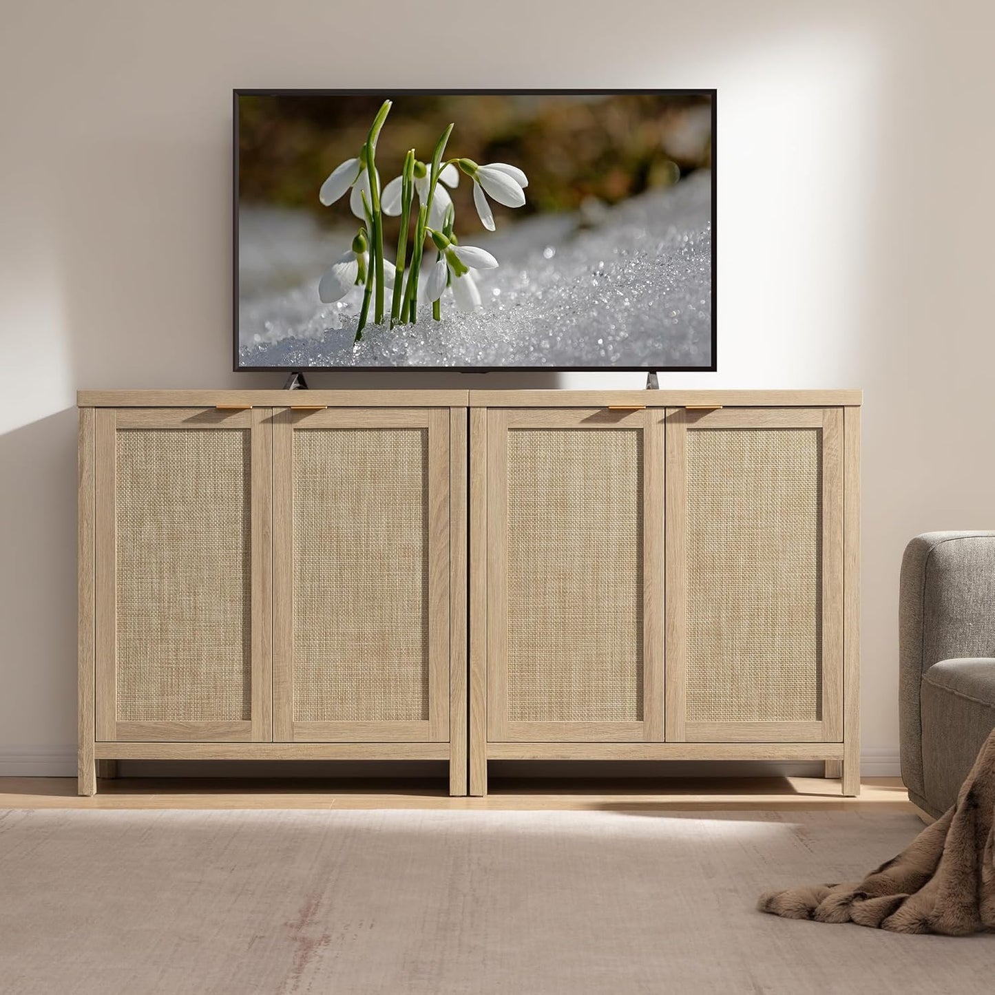 Rattan Sideboard Buffet Cabinet with Large Storage : Boho Credenza Coffee Bar Cabinet with Adjustable Shelves, Farmhouse Console Table for Kitchen, Living Room, Entryway, Natural, 2 Pieces