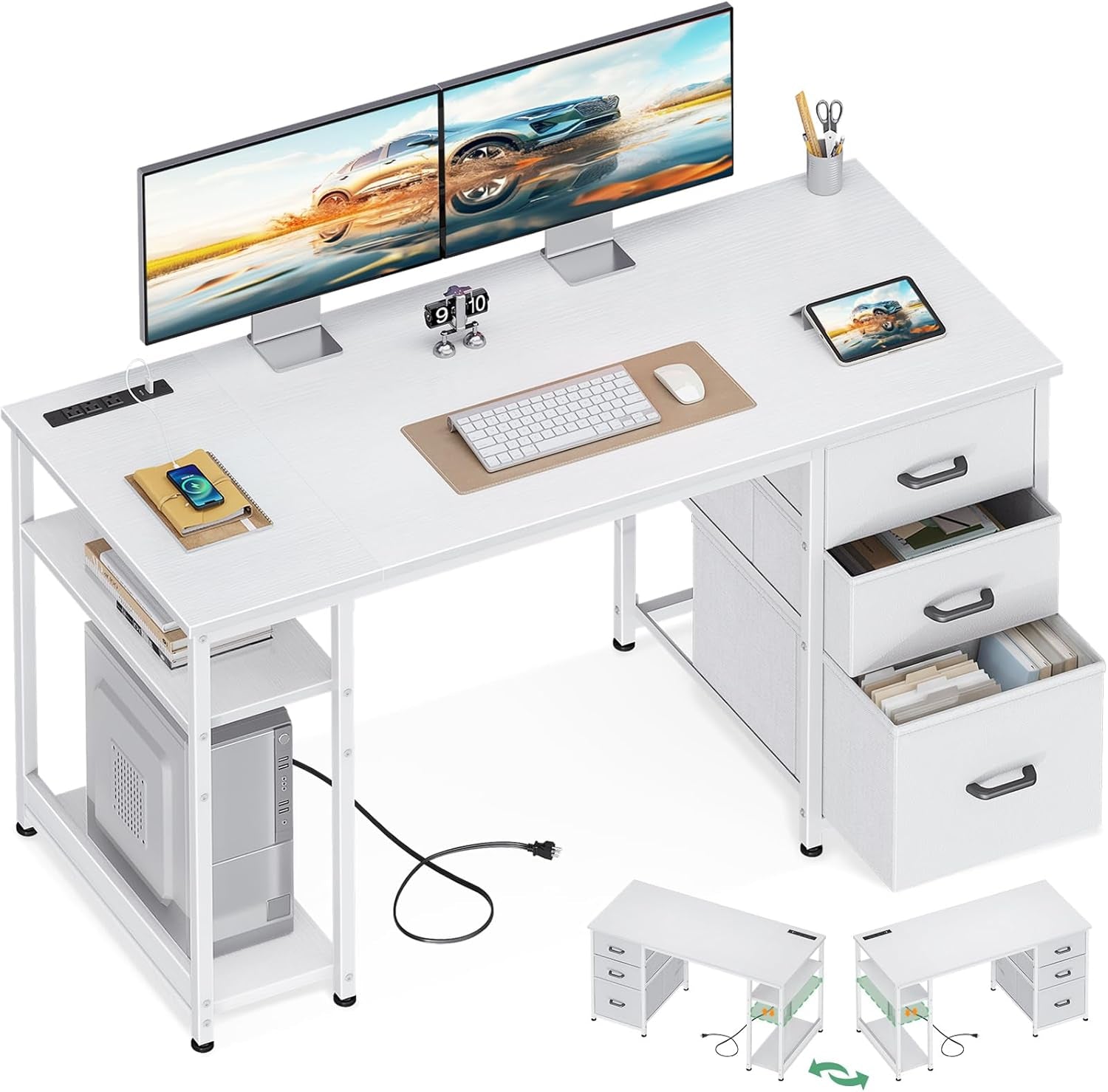 51 Inch Computer Desk with Drawers & USB Power Outlets - Reversible Home Office Desk with Storage Shelves, Work from Home, Modern Work/Writing/Study Table for Bedroom, White