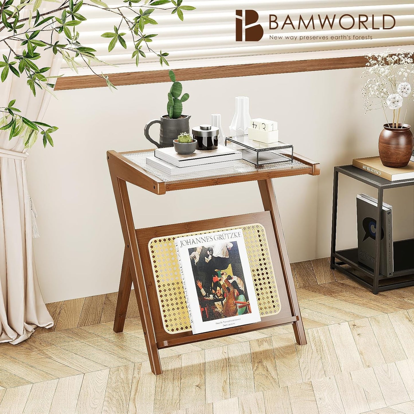 Rattan Side Table Boho Nightstand Mid Century Modern End Table Glass Bedside Table Small End Tables Bamboo Coffee Table with Storage Record Player Stand for Living Room Bedroom