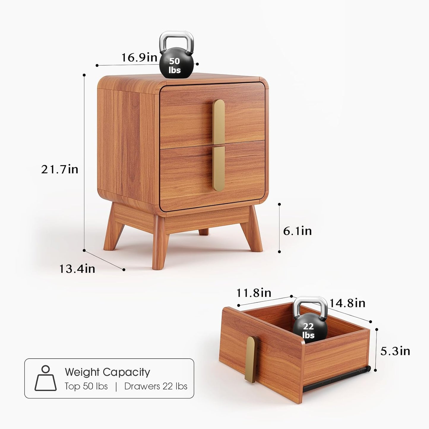 Nightstands Set of 2,Mid Century Modern Side Table with 2 Drawers & Solid Wood Legs,Curved Corner Bedside Table for Small Space,Bedroom,Cherry