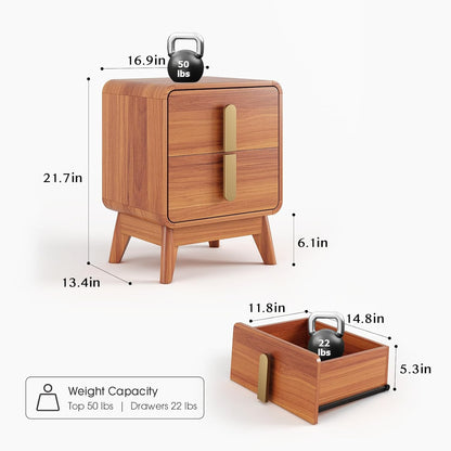 Nightstands Set of 2,Mid Century Modern Side Table with 2 Drawers & Solid Wood Legs,Curved Corner Bedside Table for Small Space,Bedroom,Cherry