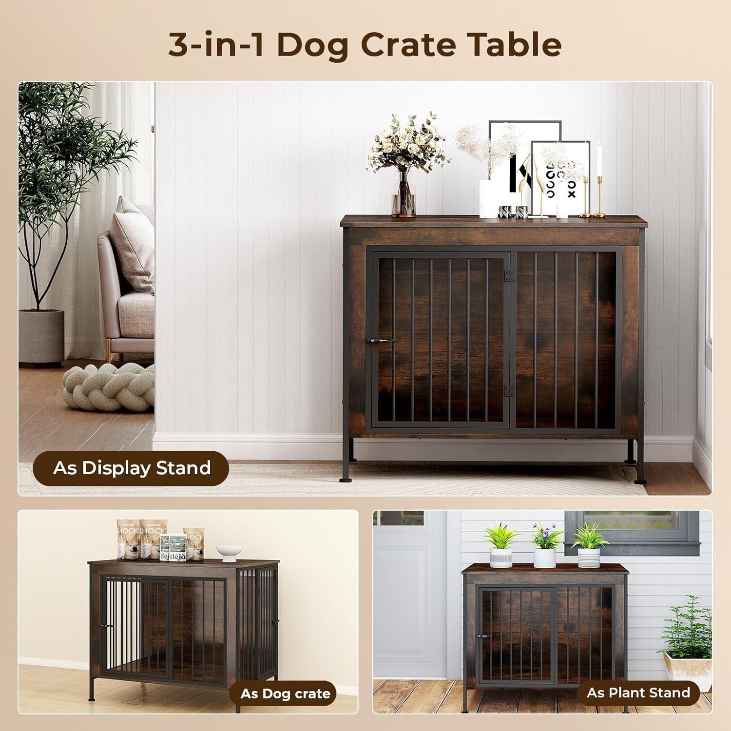 32 Inch Wooden End Table Dog Crate Furniture with Multiple Secure Locks, Heavy Duty Indoor Dog Kennel for Medium Dogs, Decorative Pet Cage for Home Use,Aged Black
