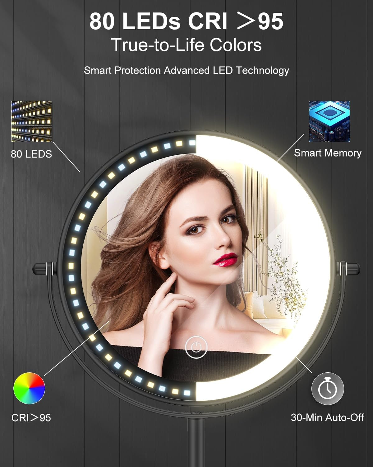 Makeup Mirror with Lights, 1X/30X Lighted Magnifying Mirror Height Adjustable, 3000Mah Rechargeable Double Sided Vanity Mirrors with 3 LED Lighting and Adjustable Brightness for Desk Women Gift