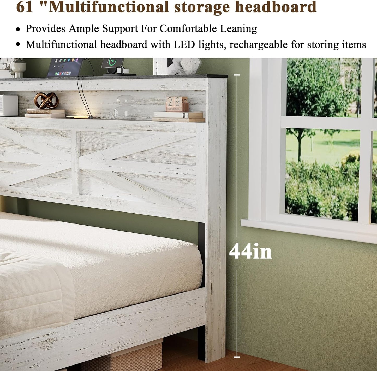 Farmhouse Queen Size Bed Frame with Headboard Storage Shelf, Wood Platform Bed Frame with LED Lights & Charging Station, Rustic White Metal Bed, No Box Spring Needed, Noise-Free Sturdy Structure
