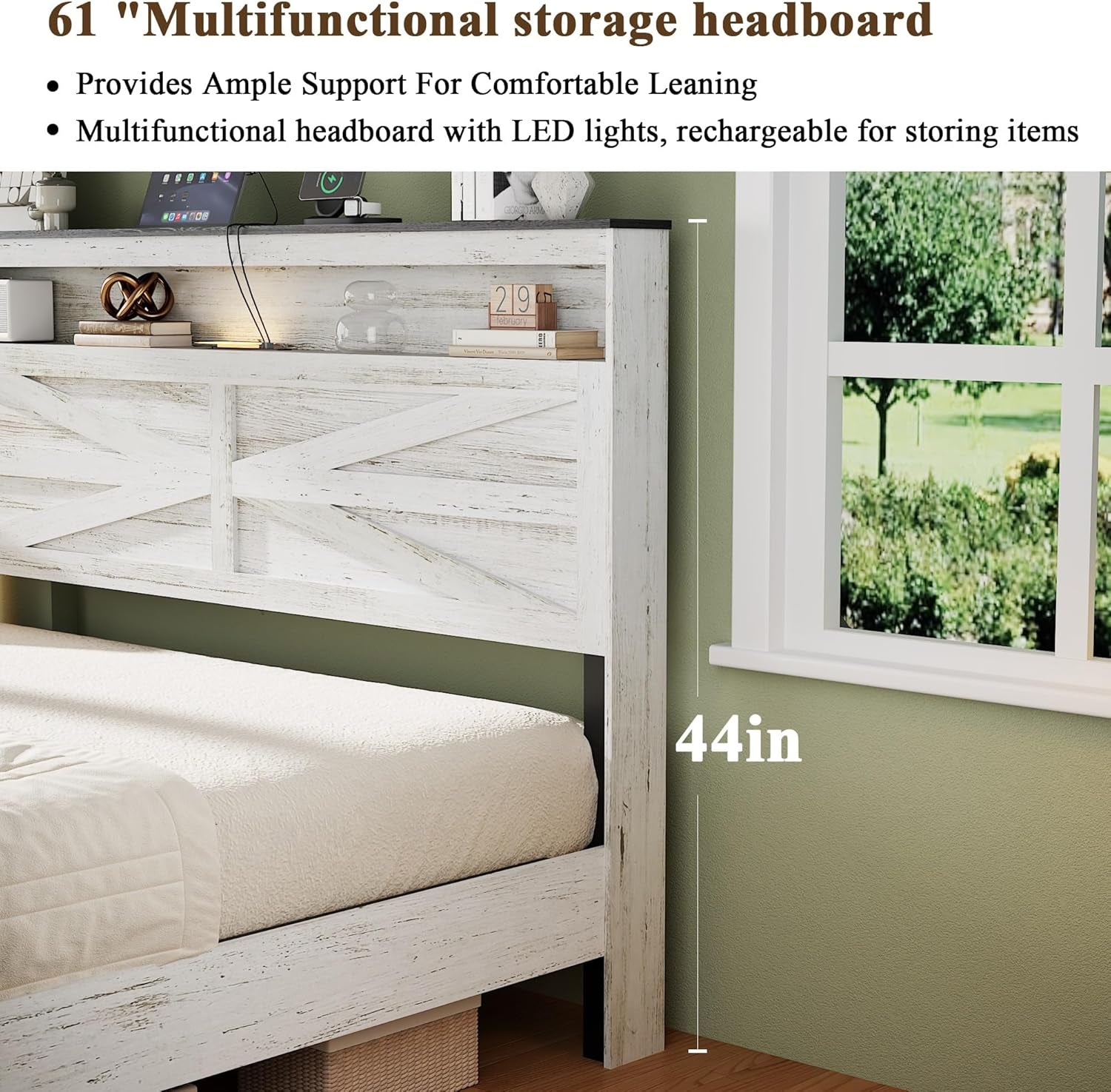 Farmhouse Queen Size Bed Frame with Headboard Storage Shelf, Wood Platform Bed Frame with LED Lights & Charging Station, Rustic White Metal Bed, No Box Spring Needed, Noise-Free Sturdy Structure