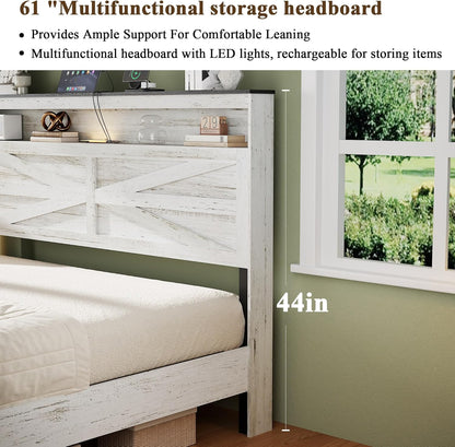 Farmhouse Queen Size Bed Frame with Headboard Storage Shelf, Wood Platform Bed Frame with LED Lights & Charging Station, Rustic White Metal Bed, No Box Spring Needed, Noise-Free Sturdy Structure