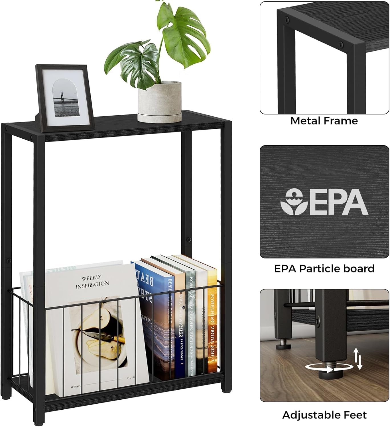 Narrow Side Table with Magazine Holder, Skinny End Table Perfect for Small Spaces, Space-Saving Design for Living Room, Bedroom, or Office, 7.1" D X 16.9" W X 23.6" H, Black