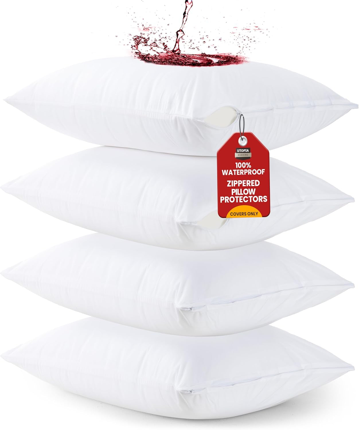 Set of 4 Waterproof Pillow Protectors with Zipper Queen Size (White), Ultra Soft Pillow Covers, Bed Bug and Dust Mite Proof Pillow Encasements, Moisture Wicking Pillow Cases