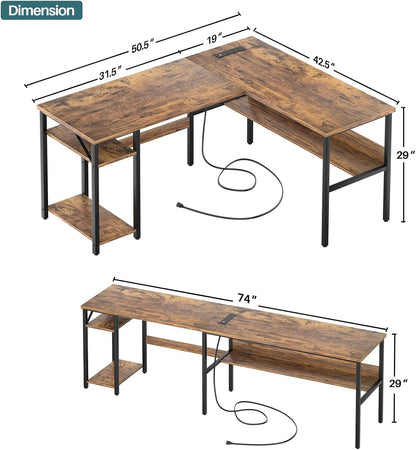 L Shaped Computer Desk with Magic Power Outlets and USB Charging Port, Sturdy Reversible Corner Desk with Storage Shelves, Modern Work Desk for Home Office, Easy to Assemble, Rustic Brown