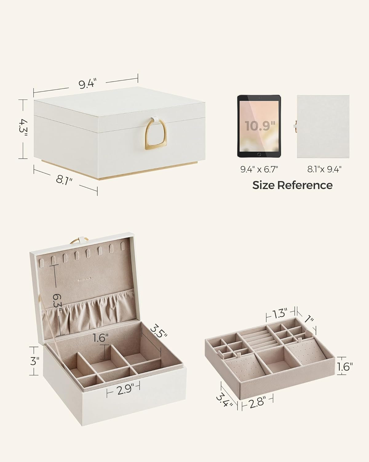 2-Layer Jewelry Box, Jewelry Organizer with Handle, Removable Jewelry Tray, Jewelry Storage, Floating Effect, 8.1 X 9.4 X 4.3 Inches, Gift Idea, White UJBC165W01