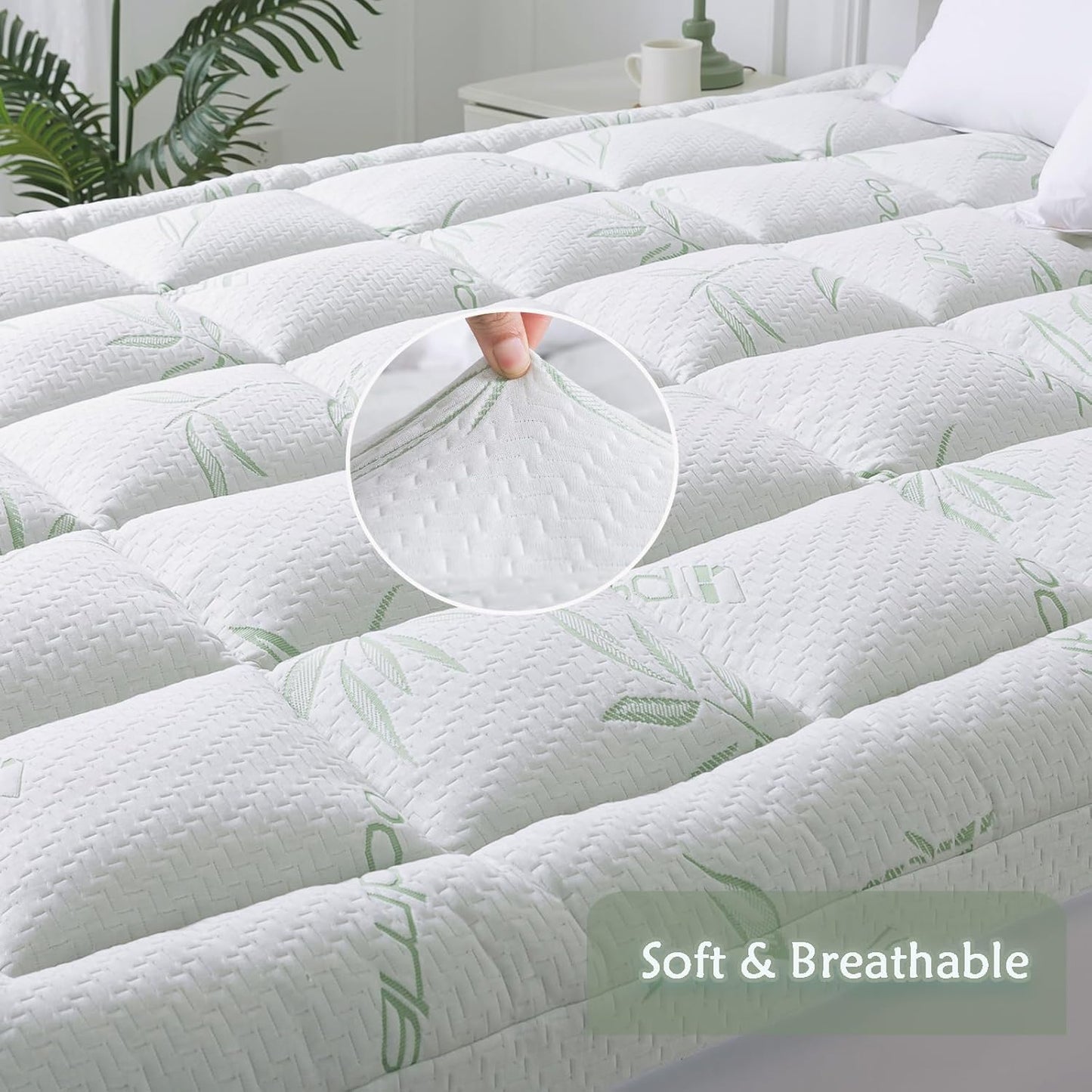 Queen Mattress Topper, Soft Pillow Top Mattress Topper with Deep Pocket Fits 8–21 Inch,7D Spiral Fiber Filling, Bamboo Viscose Air Layer Mattress Topper Queen.