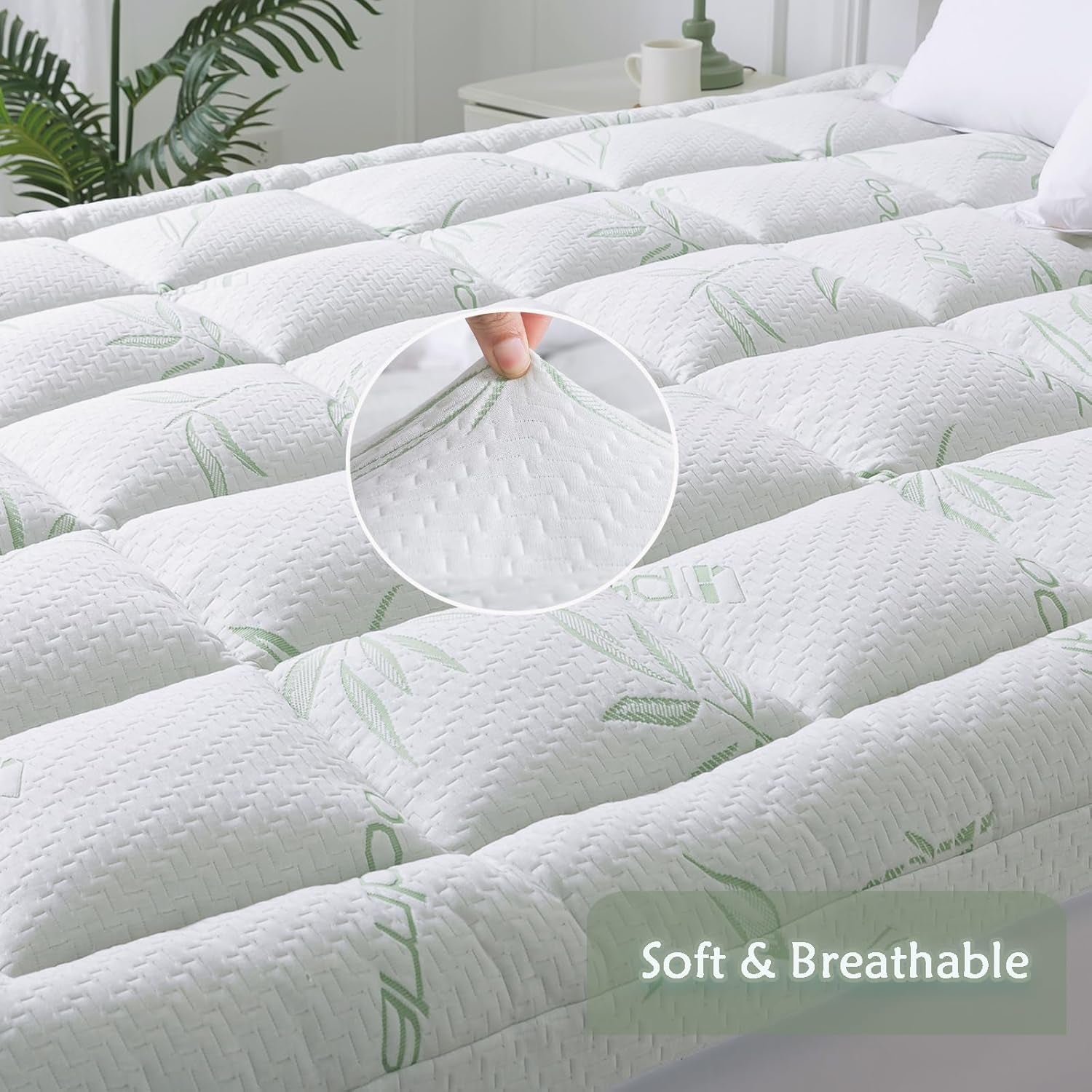 Queen Mattress Topper, Soft Pillow Top Mattress Topper with Deep Pocket Fits 8–21 Inch,7D Spiral Fiber Filling, Bamboo Viscose Air Layer Mattress Topper Queen.