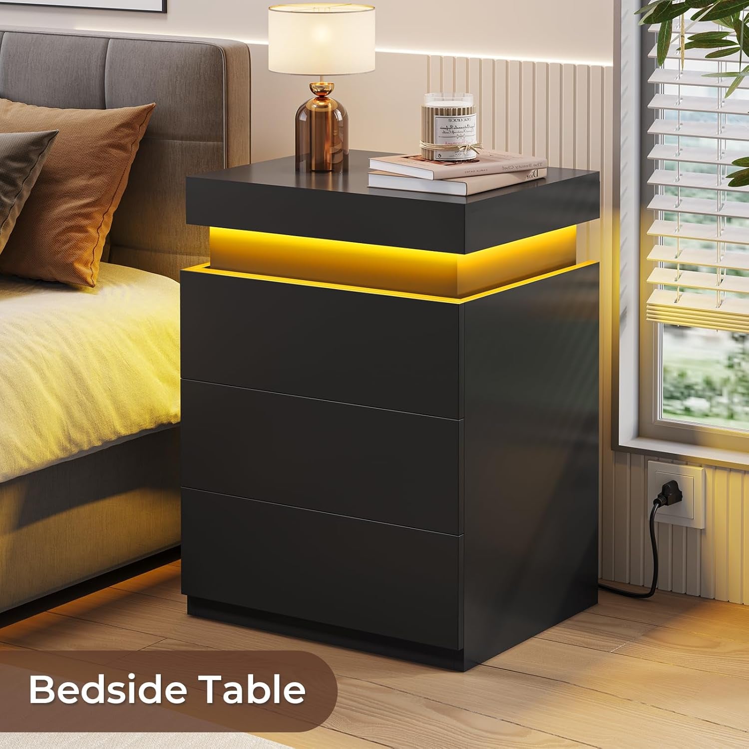 LED Nightstands Set of 2,Night Stands for Bedroom Set of 2,Nightstand with Charging Station and Sliding Top,Bedside Table with Power Outlets & Drawers,Modern End Side Table (Black)