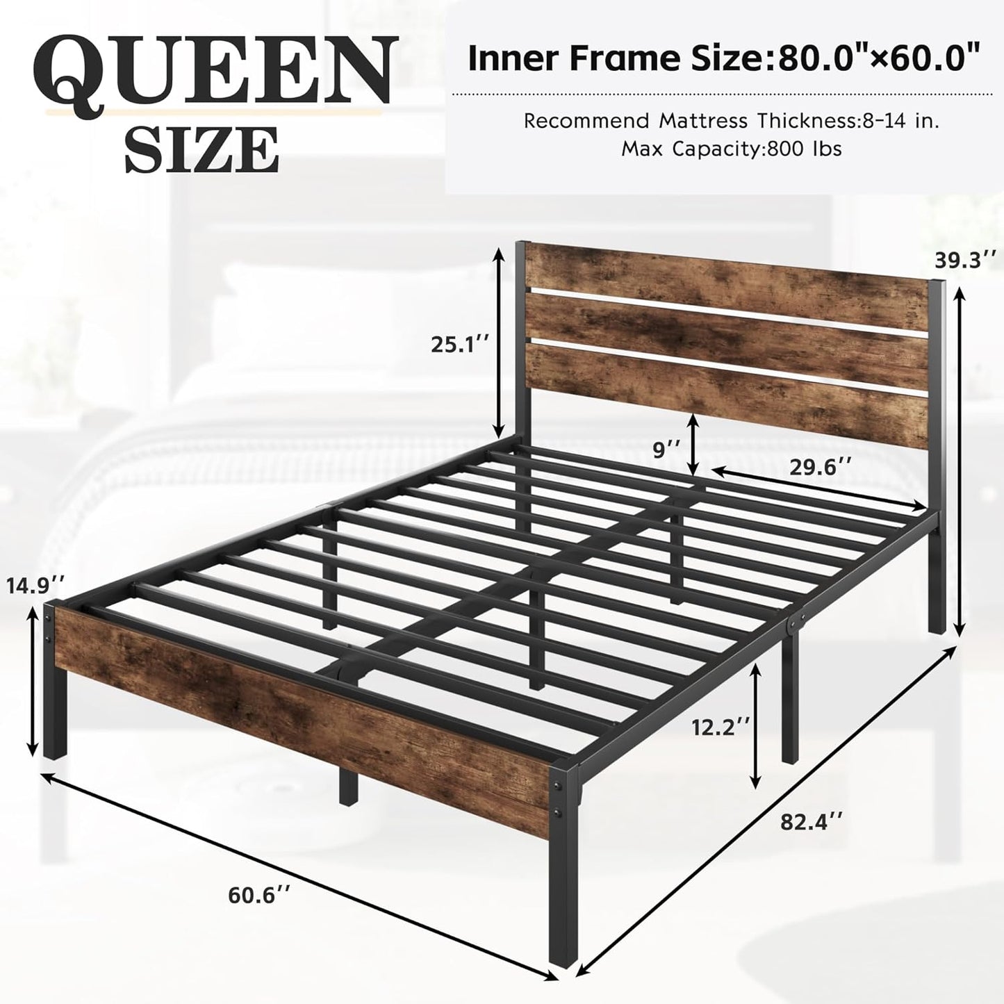 Queen Bed Frame with Headboard and Footboard, Metal Queen Bed Frame with Under-Bed Storage, All-Metal Support System, No Box Spring Needed, Easily Assemble, Rustic Brown