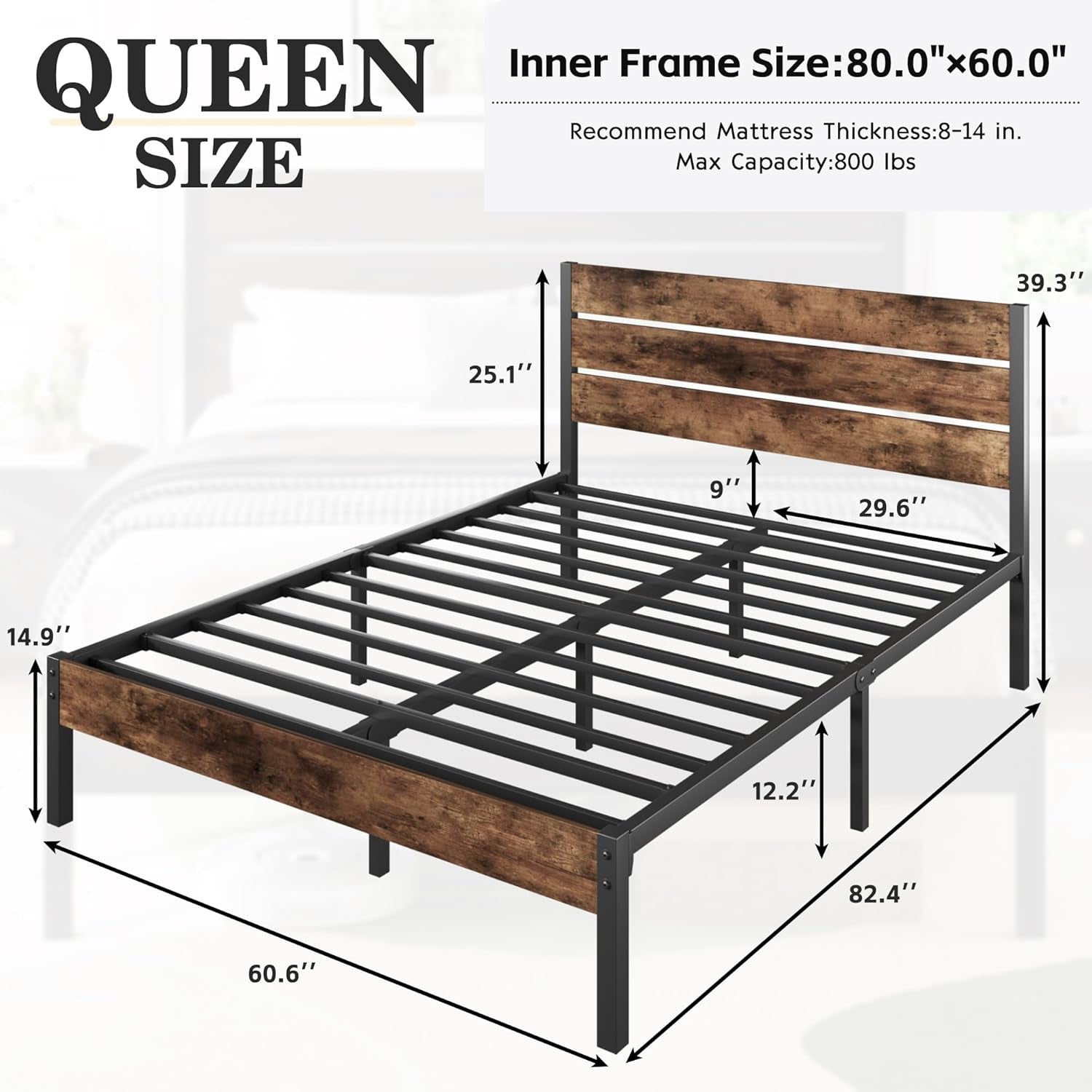 Queen Bed Frame with Headboard and Footboard, Metal Queen Bed Frame with Under-Bed Storage, All-Metal Support System, No Box Spring Needed, Easily Assemble, Rustic Brown