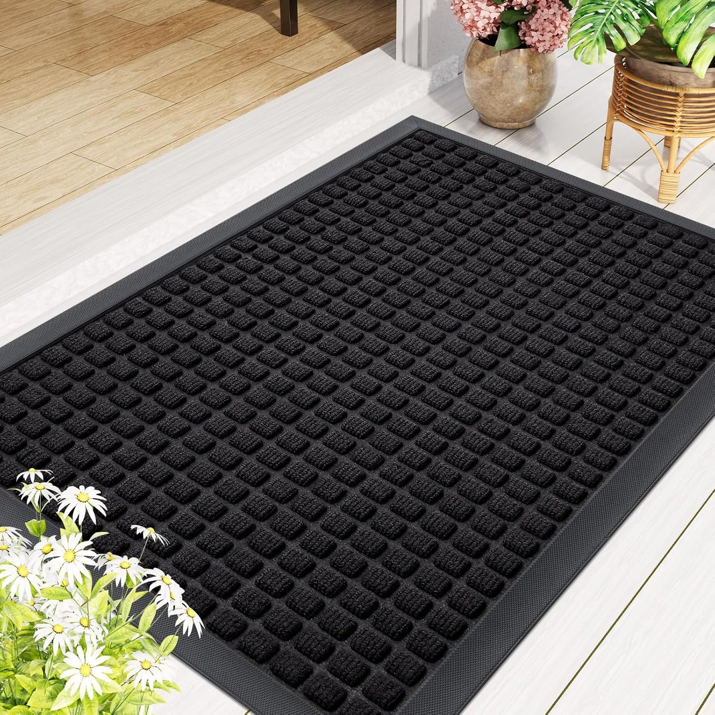 Front Door Mat outside Entrance, Heavy Duty Natural Rubber Doormat, Non Slip, Trap Dirt and Moisture, Easy Clean, Low Profile Welcome Floor Mats for Indoor Outdoor Entry, 29.5X17 Inch, Black
