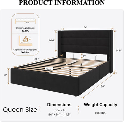 Queen Size Lift up Storage Bed/Velvet Upholstered/Modern Wingback Headboard/Upholstered Platform Bed Frame/Hydraulic Storage/No Box Spring Needed/Black