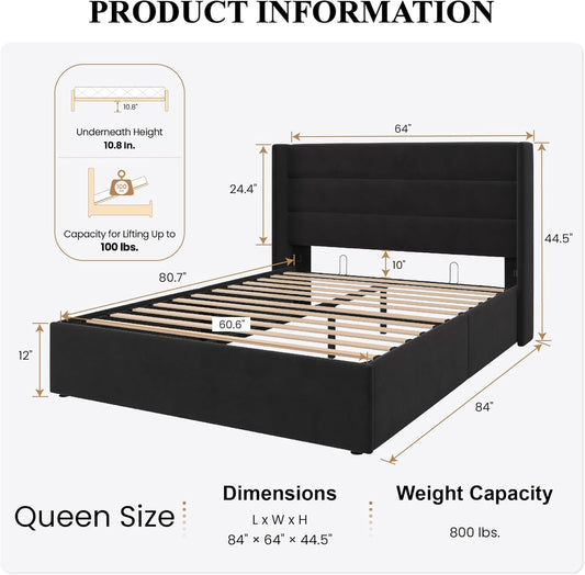 Queen Size Lift up Storage Bed/Velvet Upholstered/Modern Wingback Headboard/Upholstered Platform Bed Frame/Hydraulic Storage/No Box Spring Needed/Black