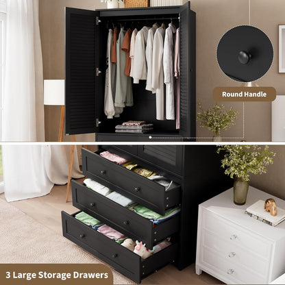 Armoire Wardrobe Closet with Drawers, 69.5 in Wooden Wardrobe Cabinet with Hanging Rod, 2 Doors Clothing Storage Cabinet for Bedroom, Large Capacity Storage, Louvered Door, Black