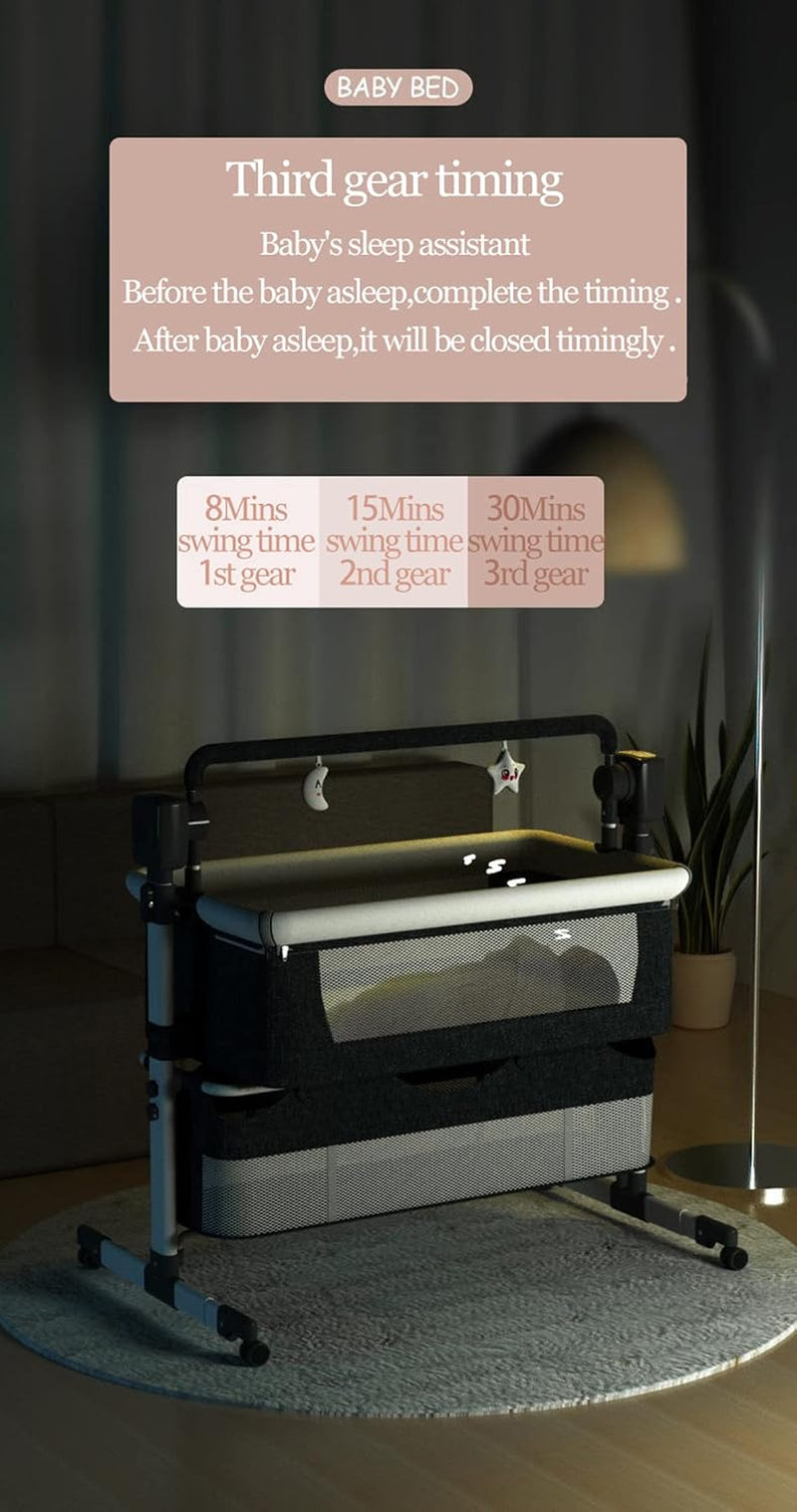 Electric Bluetooth Smart Baby Bedside Crib, Bassinet for Co-Sleeping, Infant Bedside Sleeper Cot, Foldable Baby Bassinet Crib with Remote Control, Music and 5 Swaying Gears (601 Khaki)