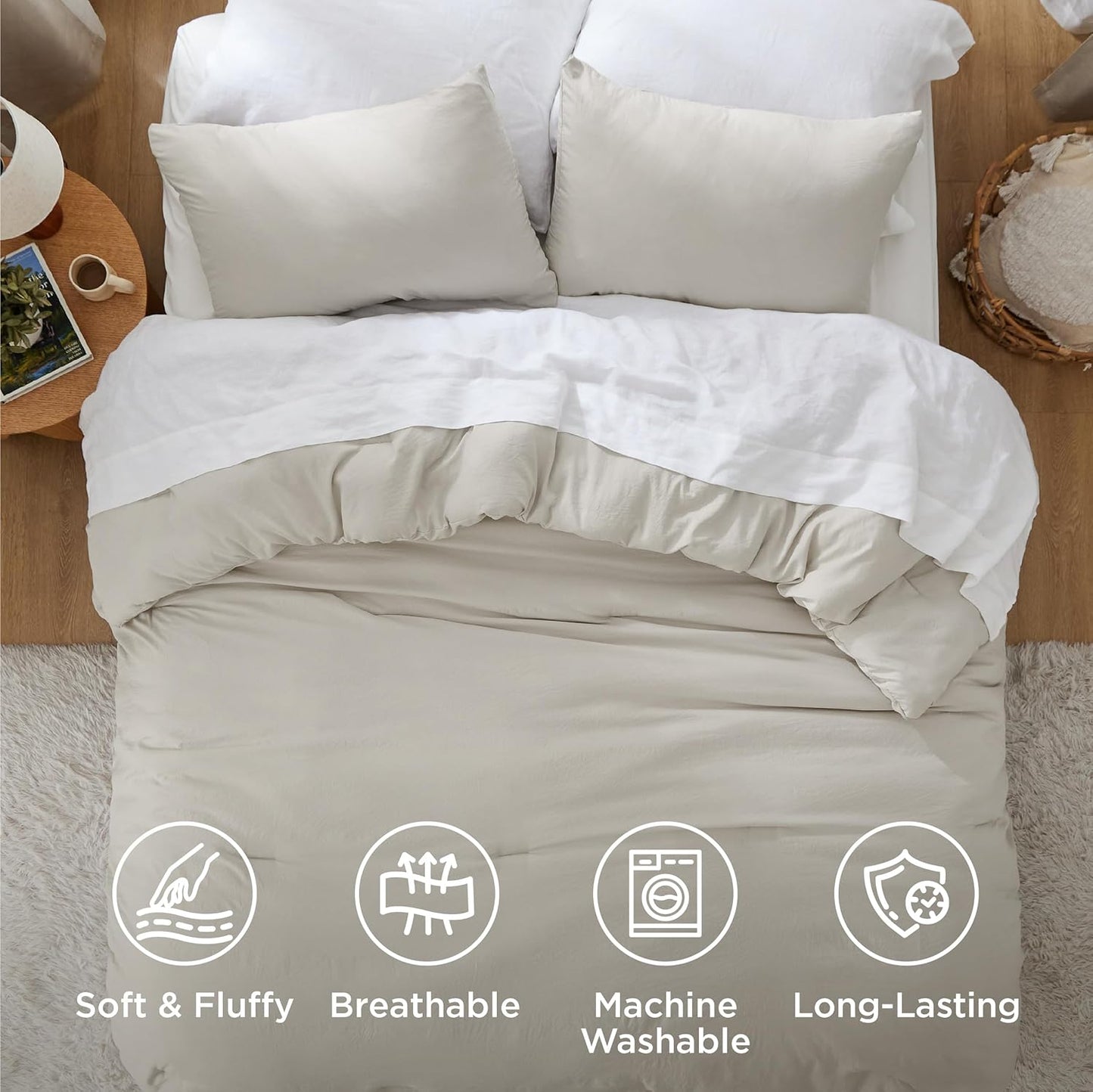 Bedsure King Comforter Set, Beige Soft Prewashed Bedding for All Seasons, 3 Pieces Gentlesoft™ Bed Set, 1 Lightweight Comforter (104"X90") and 2 Pillowcases (20"X36")