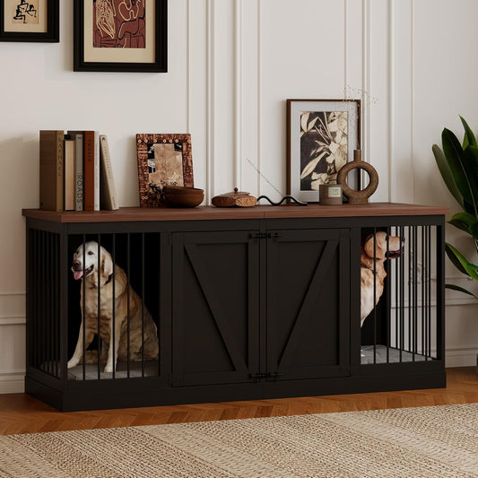 Dog Crate Furniture - Indoor Wooden Dog Kennel Furniture with Room Divider - 71"X23.6"X31.5"H, Black