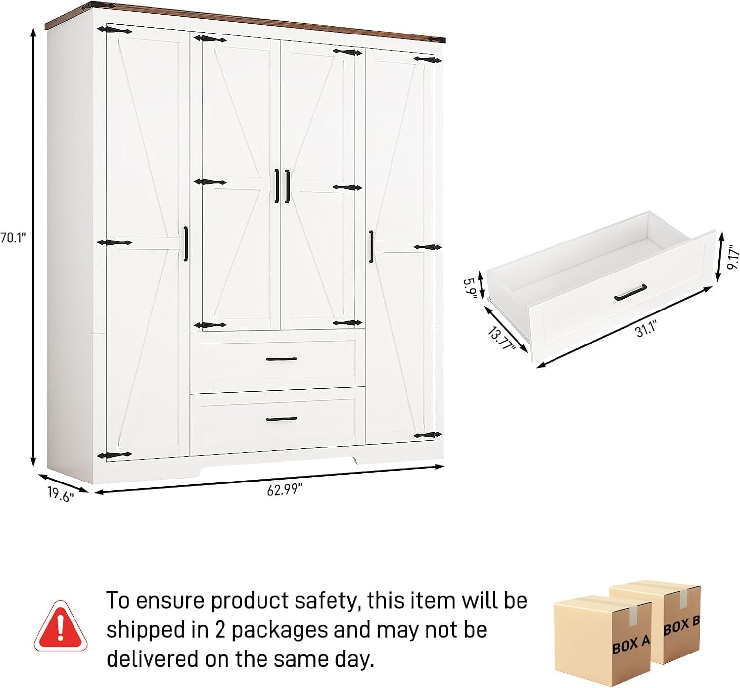 4 Doors Wardrobe Armoire Closet with Doors and Drawers, Farmhouse Wooden Armoire Storage Cabinet with Shelves & Hanging Rod for Bedroom, White
