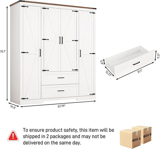 4 Doors Wardrobe Armoire Closet with Doors and Drawers, Farmhouse Wooden Armoire Storage Cabinet with Shelves & Hanging Rod for Bedroom, White