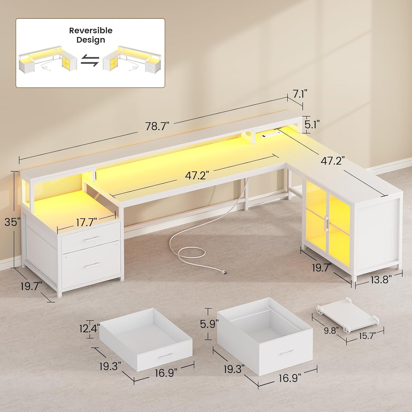 Corner Computer Desk, Reversible L Shaped Computer Desk with Drawers and Power Outlet, 78.7” Large Gaming Desk with Led Lights, Storage Shelves and Display Cabinet for Home Office, White