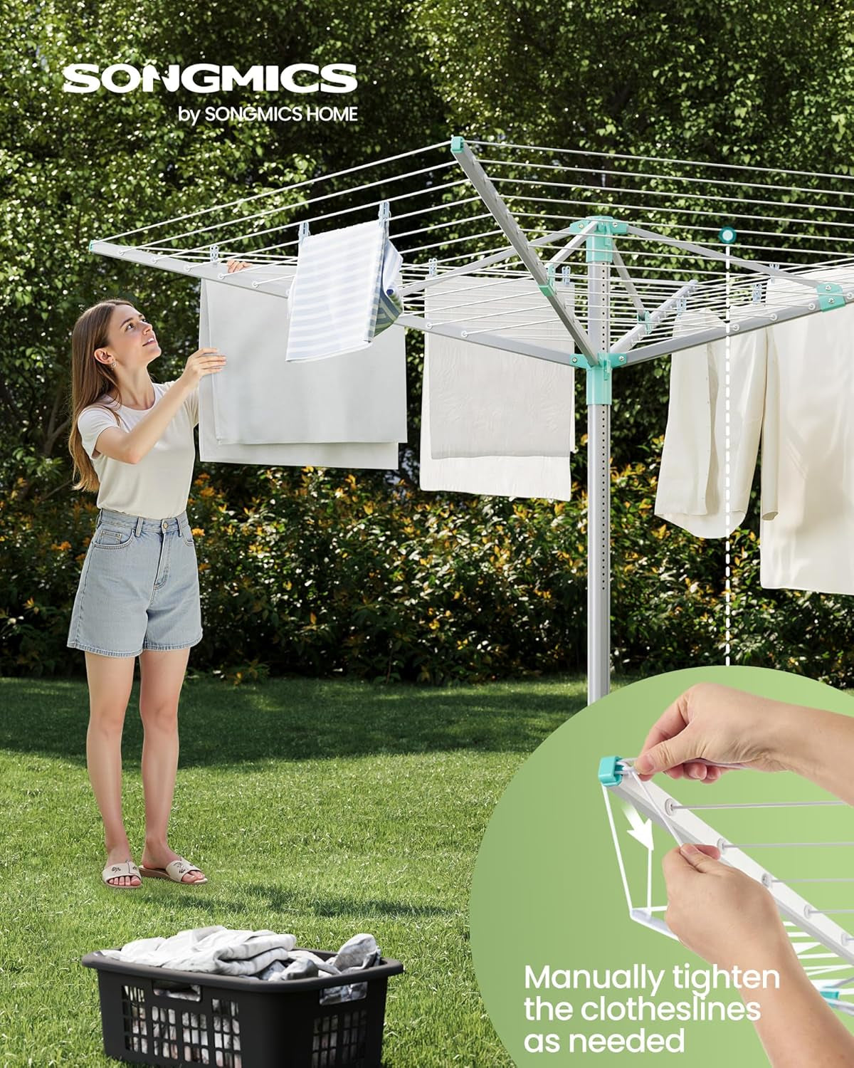 Umbrella Drying Rack, Retractable Outdoor Drying Rack, Height Adjustable, 164 Ft Long Clothesline, Holds 5 Laundry Loads, for Garden, with Ground Spike, Cover, Silver and Green ULLR301E01