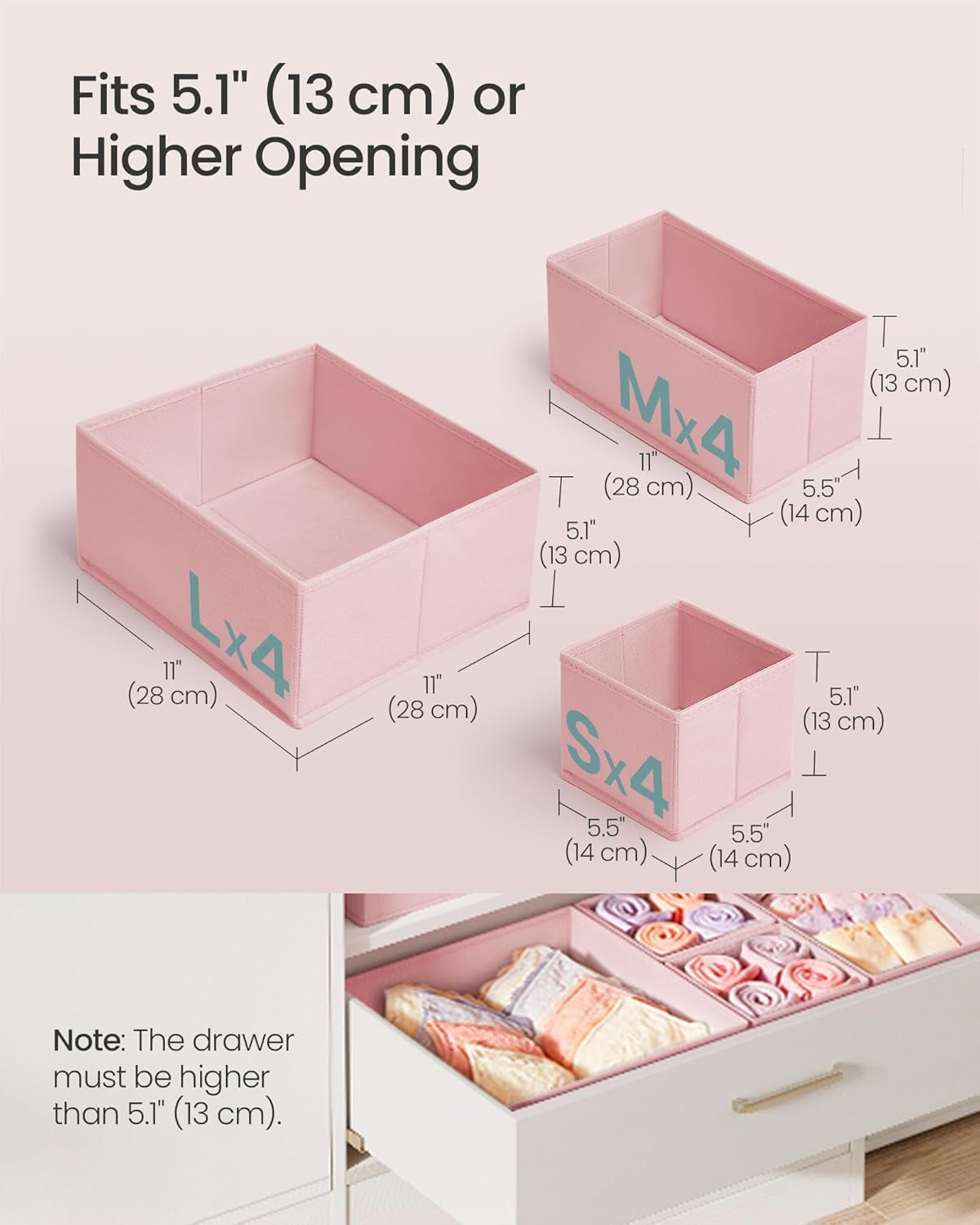Drawer Organizers, Dresser Divider Organizers, Set of 12, Foldable Fabric Storage Boxes for Socks, Underwear, Bras, Ties, Scarves, Jelly Pink URDZ006R01