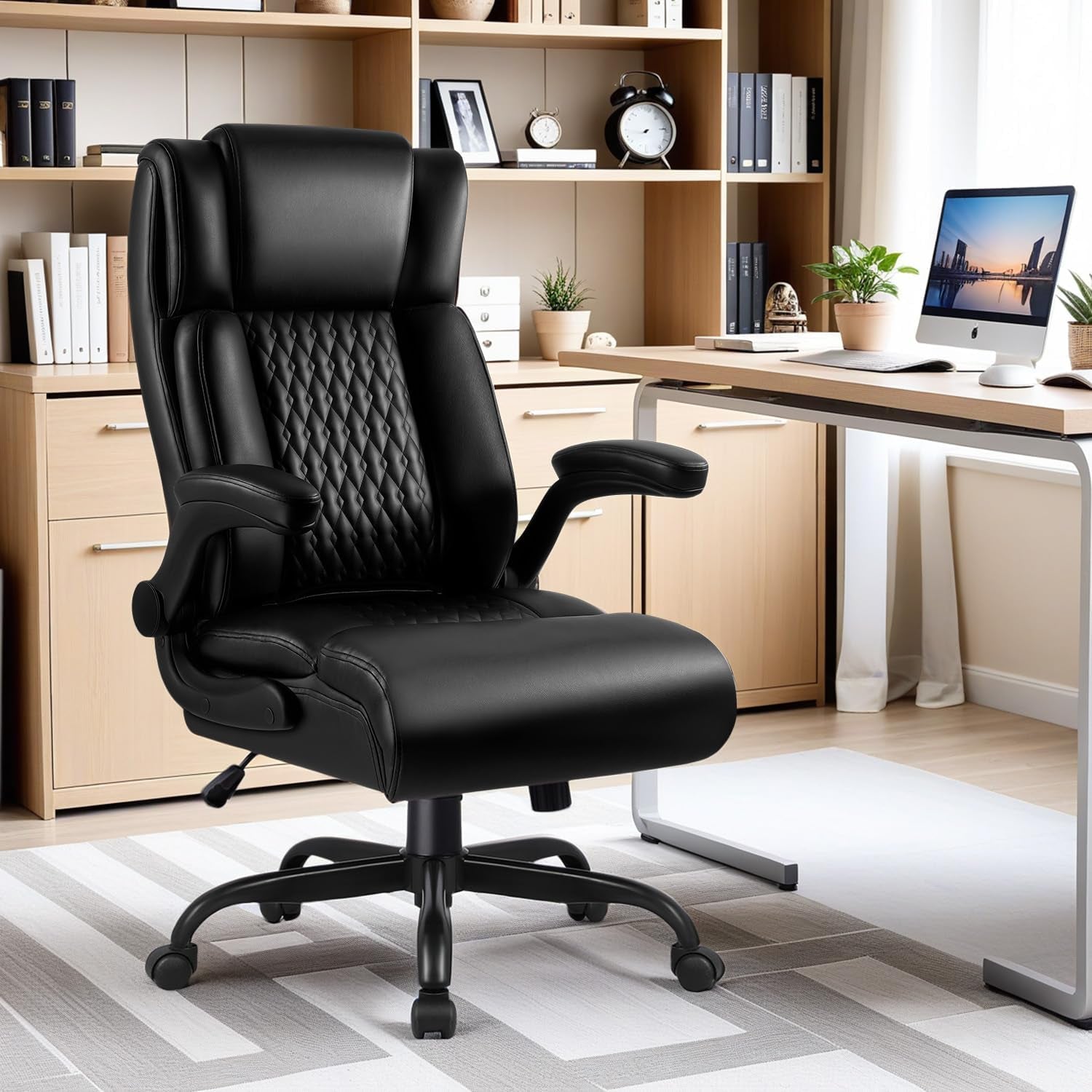 Big and Tall Office Chair, Ergonomic Leather Office Computer Desk Chair, Black Heavy Duty Office Chair with Flip-Up Armrest, Comfortable High Back Home Chair 400 LBS with Lumbar Support