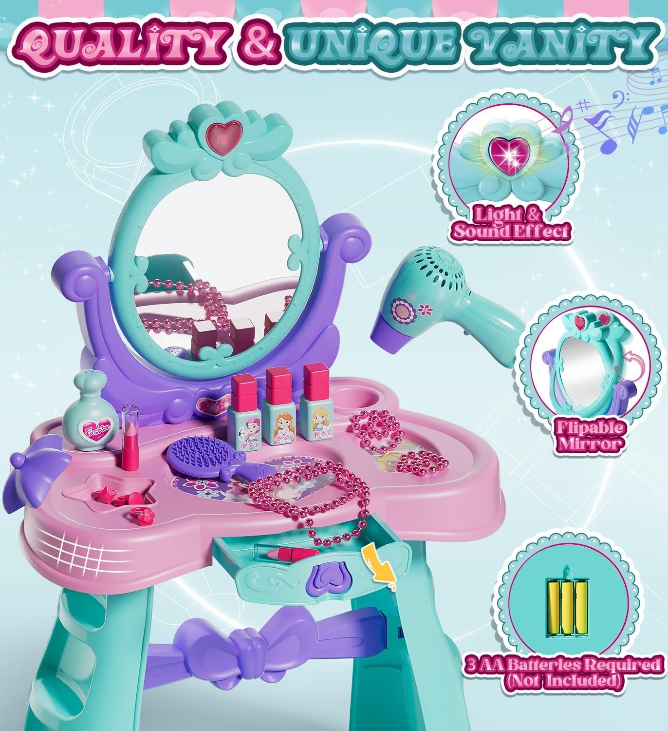 Kids Vanity Table and Chair Set with Mirror Light Music, Toddler Girls Makeup Table with Stool ＆ Hair Dryer, Pretend Play Princess Dress up Vanity Set, Birthday Gifts for 3 Year Old Girl
